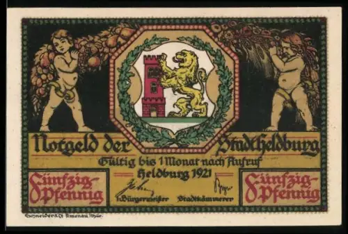 Notgeld Heldburg 1921, 50 Pfennig, Wappen mit Löwe und Burg, Kirche und Spruchbänder