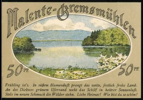 Notgeld Malente-Gremsmühlen 1921, 50 Pf, Landschaft mit See und Bootshaus am Dieksee
