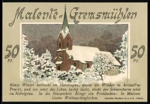 Notgeld Malente-Gremsmühlen 1921, 50 Pf, Winterlandschaft mit Kirche und Bauernhaus im Schnee