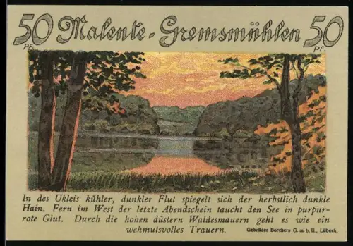 Notgeld Malente-Gremsmühlen 1921, 50 Pf., herbstliche Waldlandschaft am Seeufer
