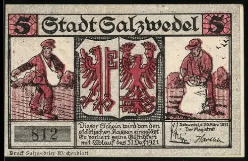 Notgeld Salzwedel 1921, 5, Bauer bei der Saat und Ernte, Der Siel