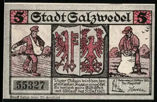 Notgeld Salzwedel 1921, 5 Mark, Bauer bei der Arbeit, Der Siel