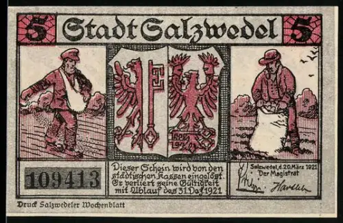 Notgeld Salzwedel 1921, 5 Mark, Stadtwappen und Bauer, Der Siel
