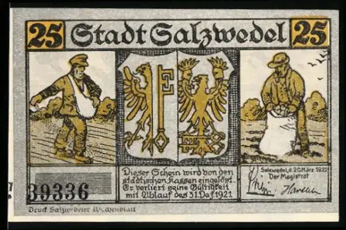 Notgeld Salzwedel 1921, 25, Bauer, Stadtwappen und Silbergroschen von 1220