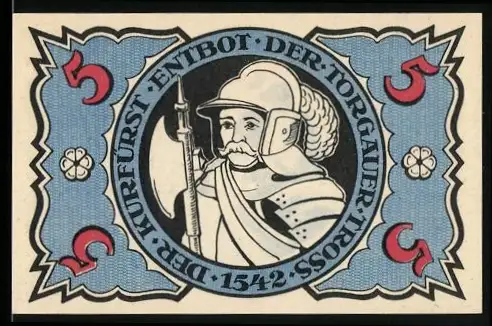 Notgeld Torgau 1921, 5 Pfennig, Kurfürst mit Hellebarde und Helm