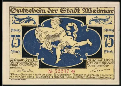 Notgeld Weimar 1921, 75 Pfennig, Marktszene mit Schneider und Krämer