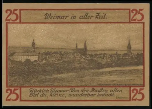 Notgeld Weimar 1921, 25 Pfennig, Ortsansicht und Silhouetten mit Wappen