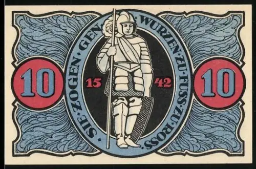 Notgeld Torgau 1921, 10 Pfennig, Ritter mit Hellebarde und Blattmuster