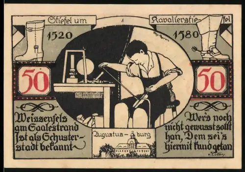 Notgeld Weissenfels a. d. Saale 1921, 50 Pfennig, Schuhmacher bei der Arbeit, Augustusburg und Stadtwappen