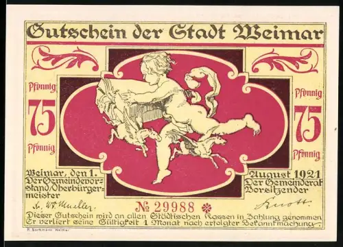 Notgeld Weimar 1921, 75 Pfennig, Putto und Festmahl-Szene