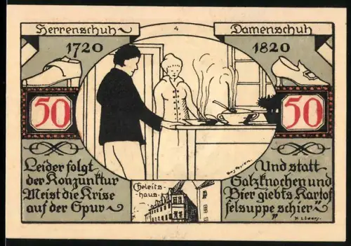 Notgeld Weissenfels a.d. Saale 1921, 50 Pfennig, Mann und Frau in Küche, Stadtwappen mit Löwe