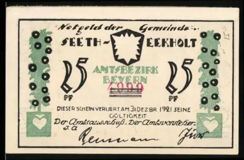 Notgeld Seeth 1921, 25 Pf, Pflügender Bauer und florale Ornamente