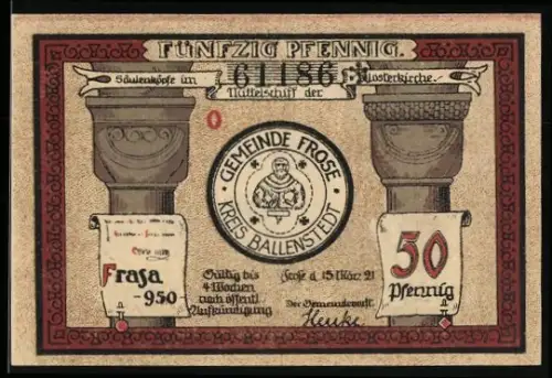 Notgeld Frose 1921, 50 Pfennig, Säulen und Kirche der Klosterkirche, Mönch und Nonne
