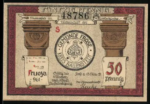 Notgeld Frose 1921, 50 Pfennig, Säulen und Klosterkirche mit Mönch und Nonne