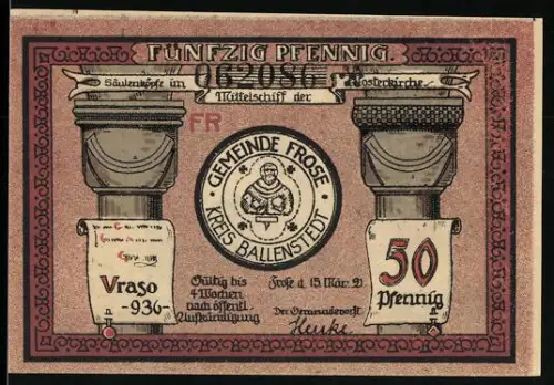 Notgeld Frose 1921, 50 Pfennig, Säulen der Klosterkirche, Mönch und Nonne
