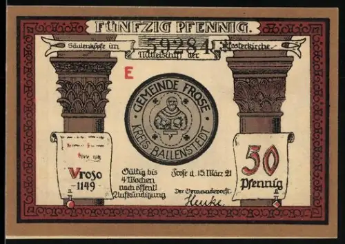 Notgeld Frose 1921, 50 Pfennig, Säulenköpfe und Klosterkirche mit Mönch und Nonne