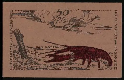 Notgeld Nörenberg am Enzigsee 1921, 50 Pfennig, Flusskrebs und Stadtwappen