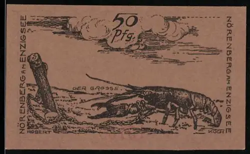 Notgeld Nörenberg am Enzigsee 1920, 50 Pfennig, Flusskrebs mit Holzpfahl und Kette, Wappen