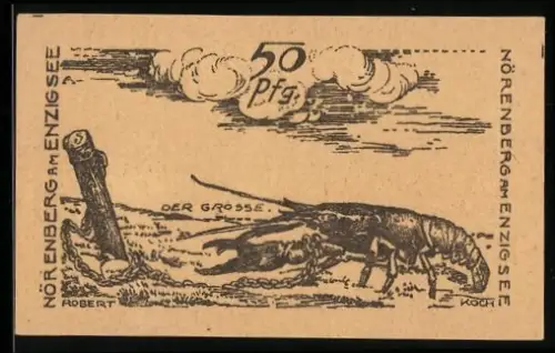 Notgeld Nörenberg am Enzigsee 1920, 50 Pfennig, Flusskrebs und Baumstumpf, mit Wappen