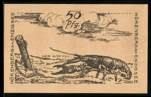Notgeld Nörenberg am Enzigsee 1920, 50 Pfennig, Flusskrebs und Landschaftsmotiv