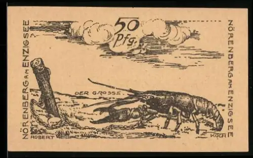 Notgeld Nörenberg am Enzigsee 1920, 50 Pfennig, Krebs und Holzpfosten, Wappen