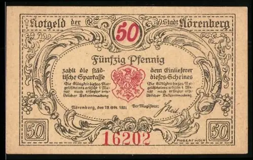 Notgeld Nörenberg am Enzigsee 1921, 50 Pfennig, Krebs und Landschaft, Wappen der Stadt Nörenberg