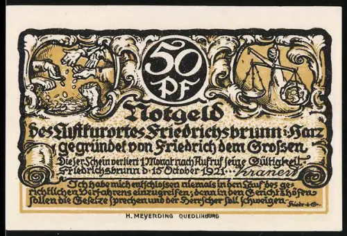 Notgeld Friedrichsbrunn /Harz 1921, 50 Pf, Szenen mit Soldaten und historischem Zitat