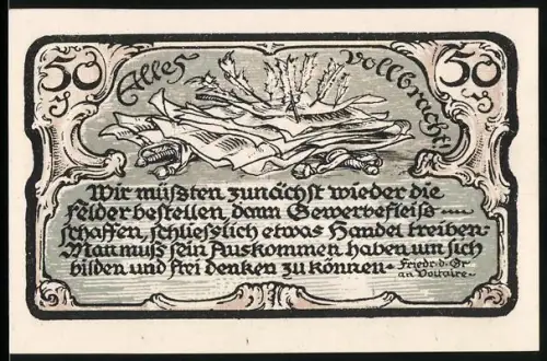 Notgeld Friedrichsbrunn /Harz 1921, 50 Pf, Zitat von Friedrich dem Grossen