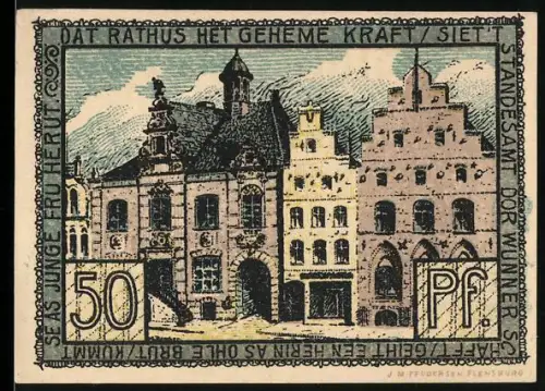 Notgeld Husum, 50 Pfennig, Rathaus und historische Gebäude, Wappen von Husum