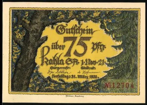 Notgeld Kahla /S. A. 1922, 75 Pfennig, Blick durch das Burgtor der Leuchtenburg