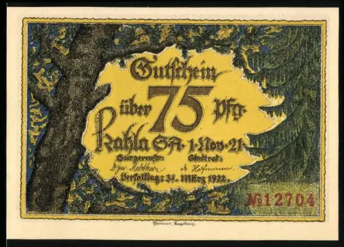 Notgeld Kahla /S.-A. 1922, 75 Pf, Waldszene und Blick zur Leuchtenburg