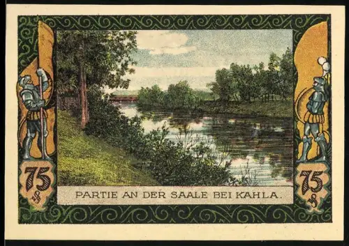 Notgeld Kahla /S.-A. 1922, 75 Pf, Partie an der Saale mit Rittern im Waldmotiv