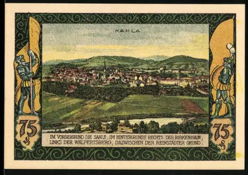 Notgeld Kahla /S.-A. 1921, 75 Pf, Ortsansicht mit Saale und Landschaft