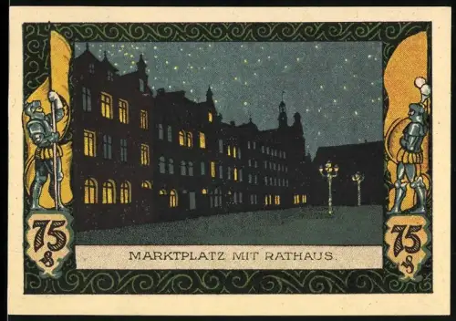 Notgeld Kahla /S.-A. 1921, 75 Pf, Marktplatz mit Rathaus bei Nacht