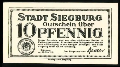 Notgeld Siegburg 1921, 10 Pfennig, Stadtwappen mit Löwe und Engel