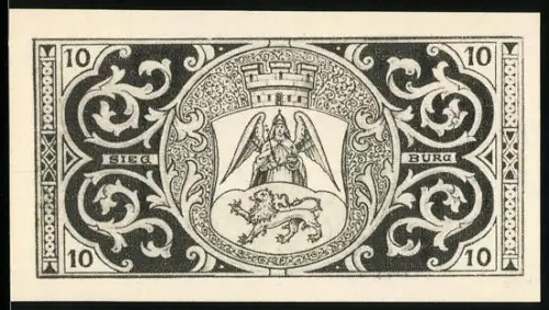 Notgeld Siegburg 1921, 10 Pfennig, Engel und Löwe im Wappen