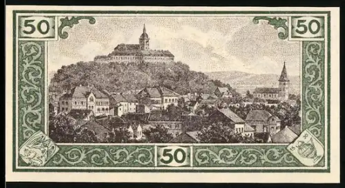 Notgeld Siegburg 1921, 50 Pfennig, Ortsansicht mit Burg und Kirche, Wappen und Siegel der Stadt