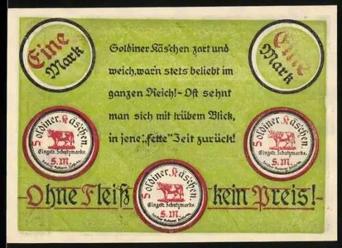 Notgeld Soldin 1921, 1 Mark, Stadttor und Sprüche über Käseproduktion