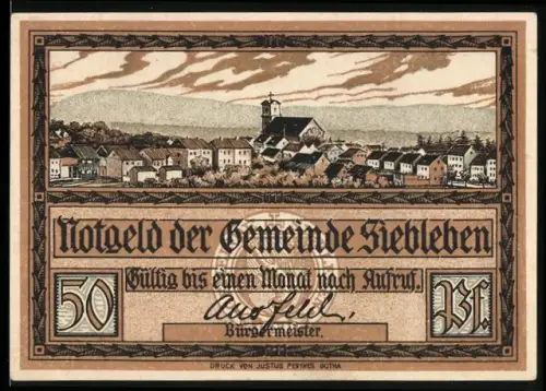 Notgeld Siebleben, 50 Pfennig, Ortsansicht und Porträt von Gustav Freytag vor Bücherregal