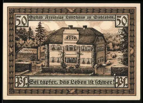 Notgeld Siebleben, 50, Gustaf Freytags Landhaus und Ortsansicht mit Kirche