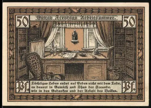 Notgeld Siebleben, 50 Pfennig, Gustav Freytags Arbeitszimmer und Ortsansicht mit Kirche