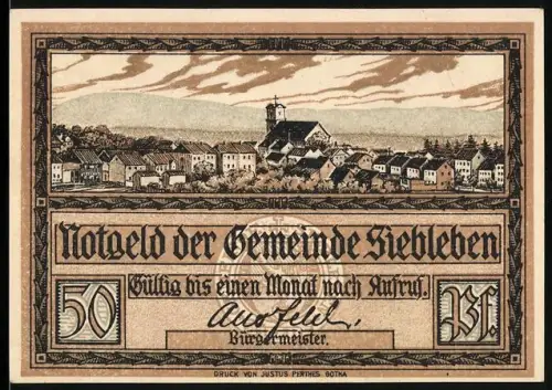 Notgeld Siebleben, 50 Pfennig, Ortsansicht und Gustav Freytag