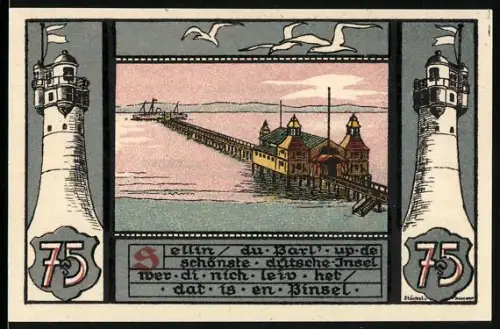 Notgeld Sellin a. Rügen, 75 Pfennig, Seebrücke und Urlauberinnen, Leuchtturm