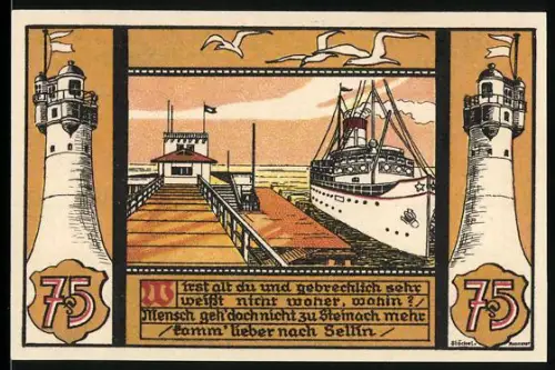 Notgeld Sellin a. Rügen 1922, 75 Pfennig, Seebrücke und Schiffsmotiv mit Leuchttürmen