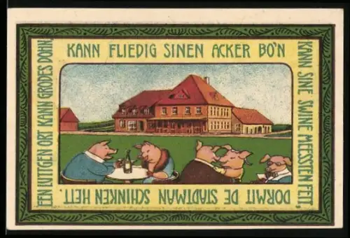 Notgeld Siedenburg 1921, 75 Pfennig, Schweine im Gasthaus und Gebäude mit Schweine-Emblemen