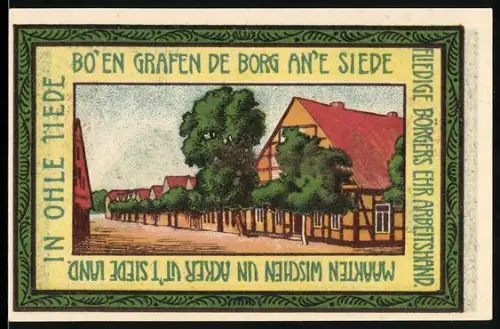 Notgeld Siedenburg 1921, 75 Pfennig, Gebäude mit Schweinen und Bäumen