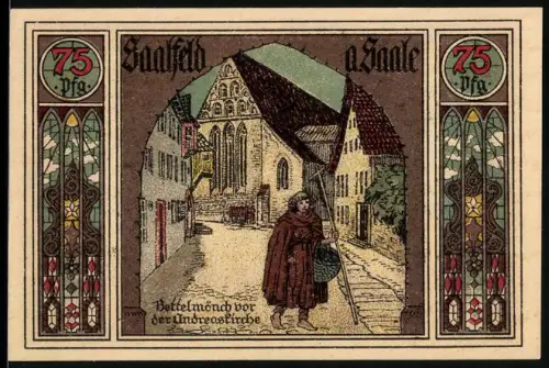 Notgeld Saalfeld a. Saale 1921, 75 Pf, Bettelmönch und Andreaskirche, Wappen