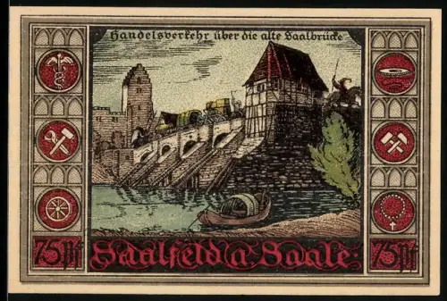 Notgeld Saalfeld a. Saale 1921, 75 Pf, alte Saalbrücke und Schloss mit Wappen