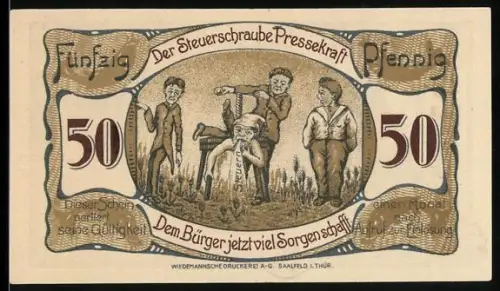 Notgeld Saalfeld a. Saale 1921, 50 Pfennig, Rathaus und satirische Darstellung der Steuerschraube