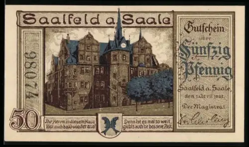 Notgeld Saalfeld a. Saale 1921, 50 Pfennig, Rathaus und satirische Darstellung der Steuerlast